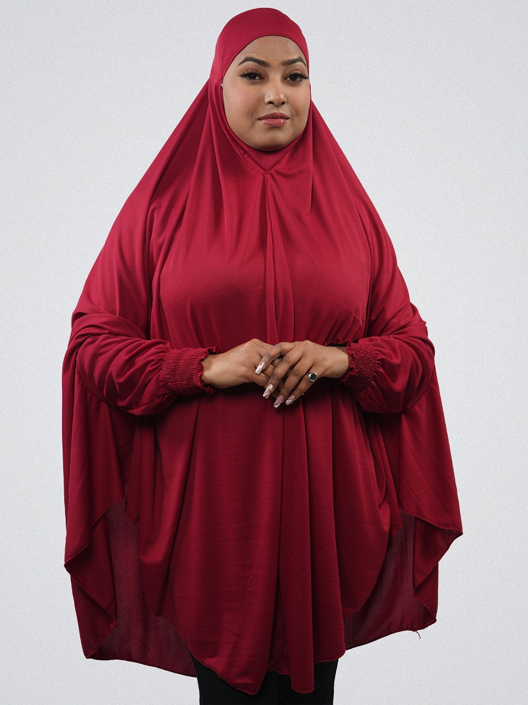 

URBAN KANYA Round Neck Solid Khimar With Adjustable Mouth Piece Hijab, Red