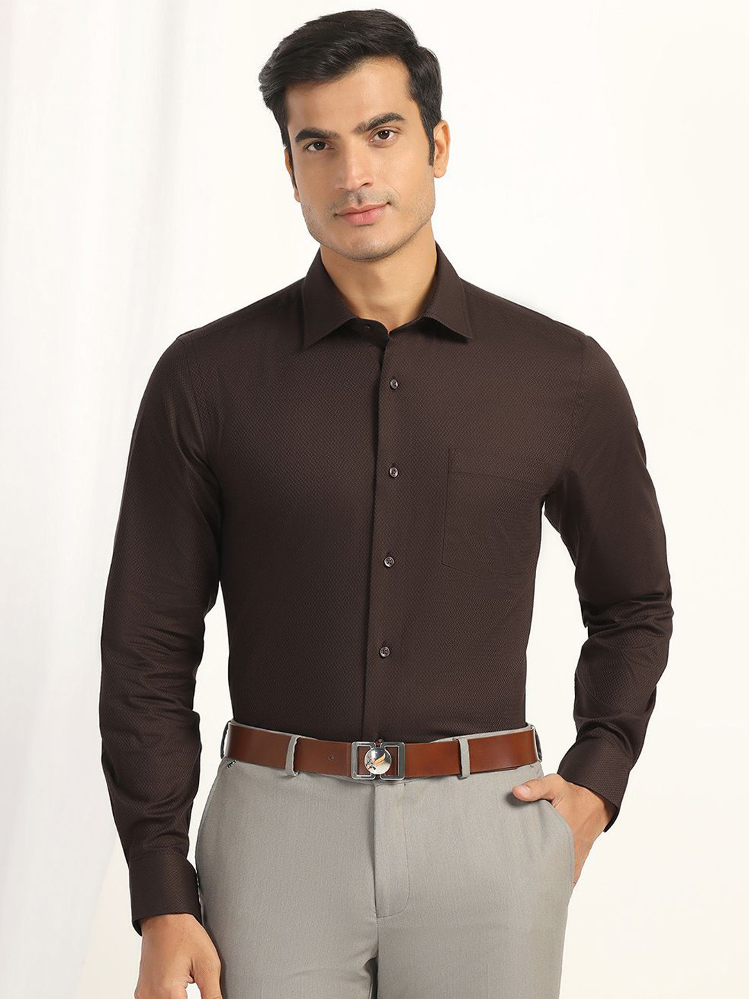 

Blackberrys Men India Slim Fit Spread Collar Textured Cotton Formal Shirt, Brown