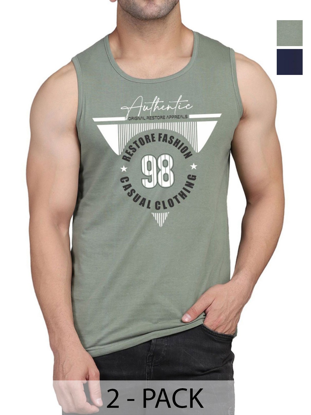

WOOSTRO Men Pack Of 2 Typography Printed Round Neck Cotton Slim Fit T-shirts, Green