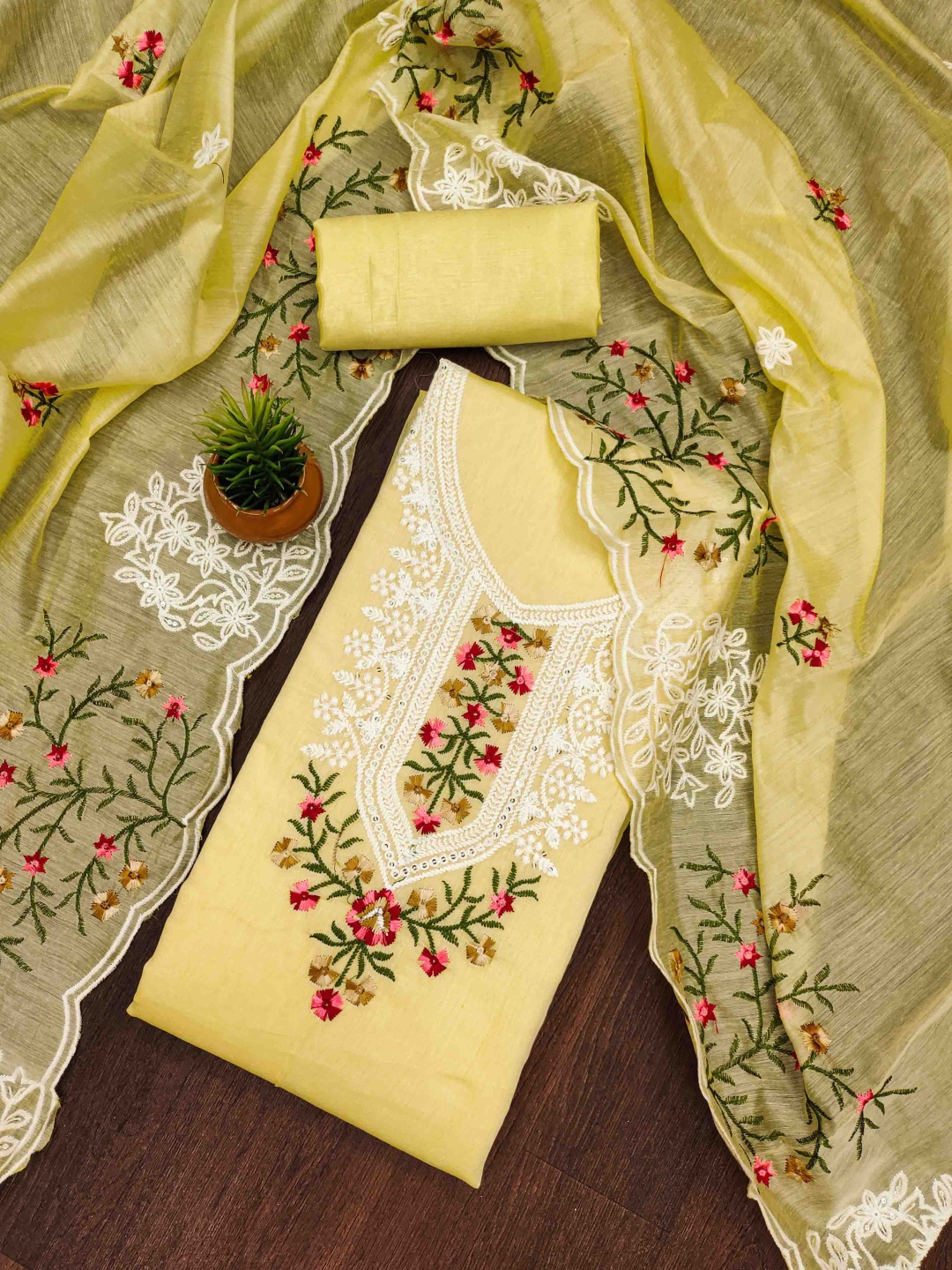 

KALINI Embroidered Unstitched Dress Material, Yellow