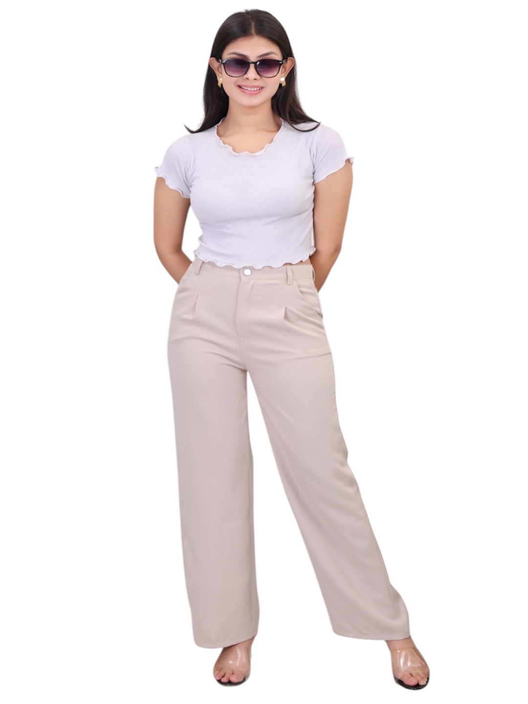 

RIVI Women Relaxed Straight Leg High-Rise Easy Wash Pleated Trousers, Cream