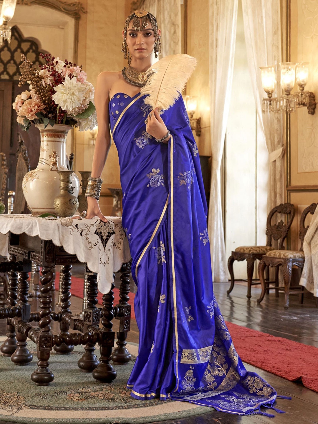 

PEENGAX Woven Design Zari Satin Banarasi Saree, Navy blue