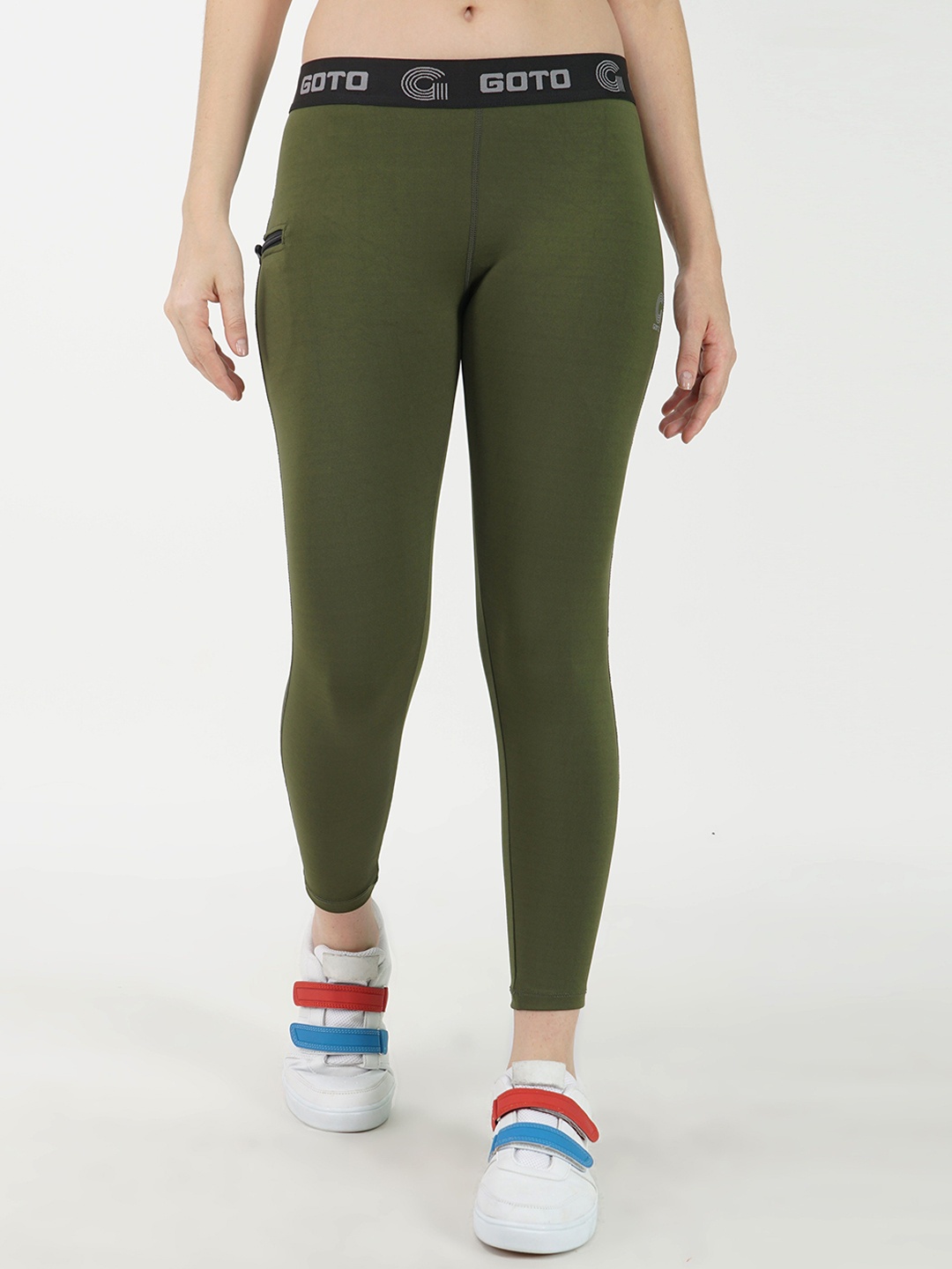 

GOTO High Rise Dri Fit Running & Gym Tights, Olive