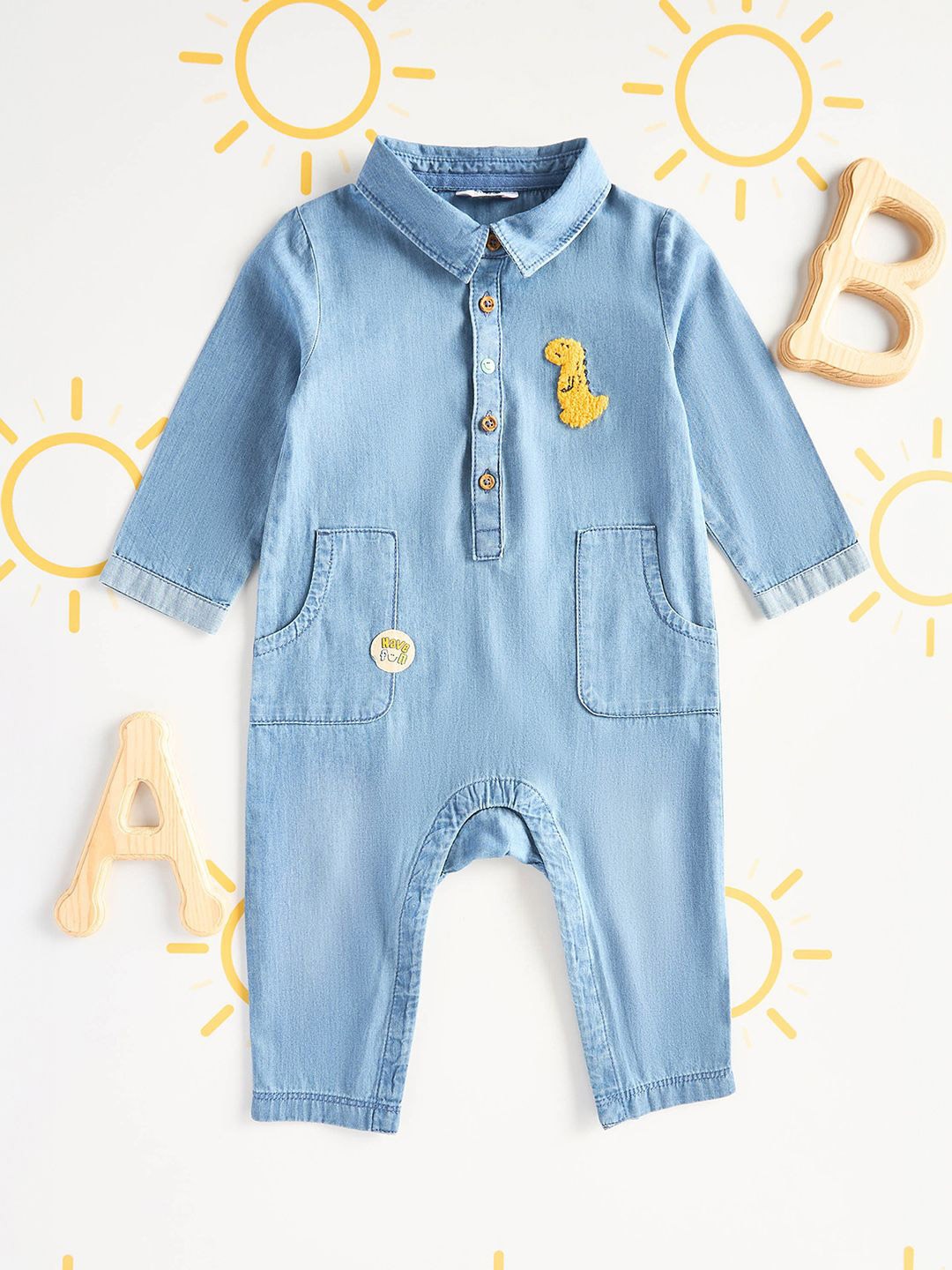 

max Boys Applique Denim Romper, Blue