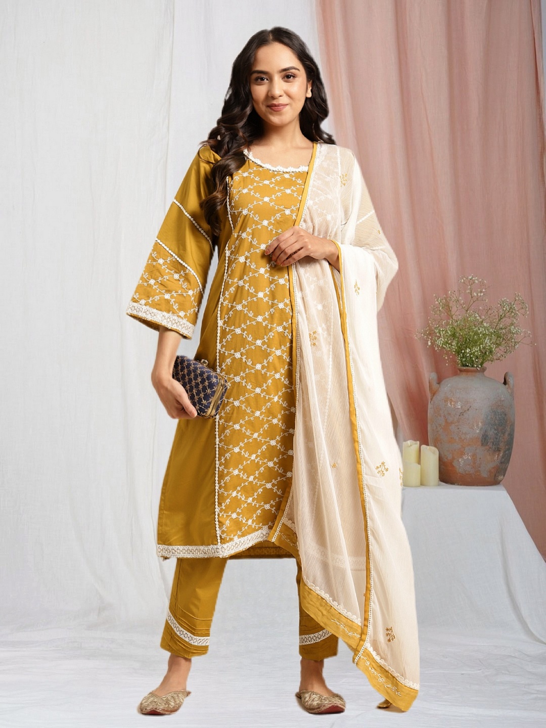 

zuri Floral Embroidered Pure Cotton Round-Neck Straight Kurta With Trousers And Dupatta, Mustard