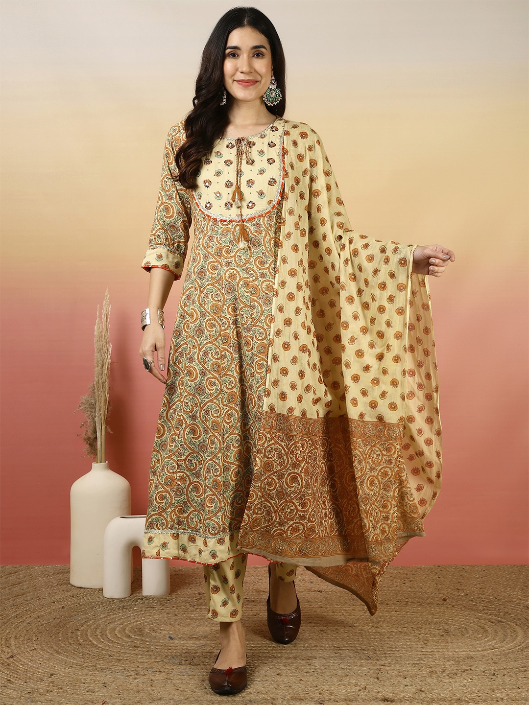 

Sangria Printed Anarkali Kurta With Trousers & Dupatta, Beige