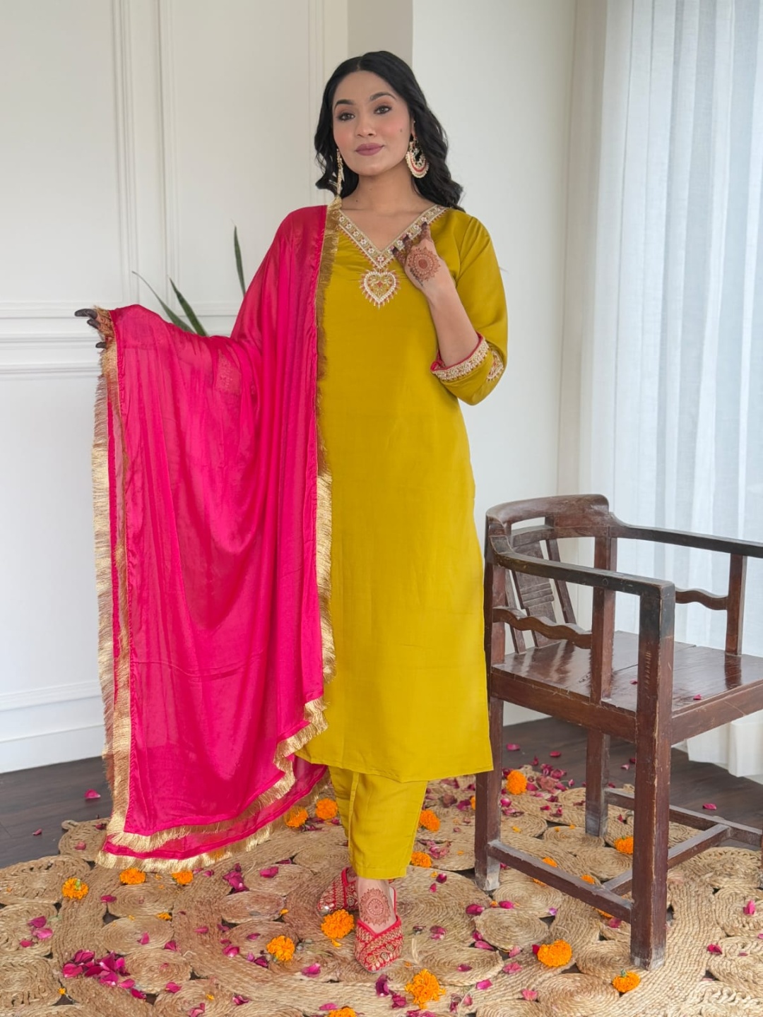 

KALINI Women Floral Embroidered Empire Thread Work Chanderi Silk Kurta with Trousers & With Dupatta, Yellow