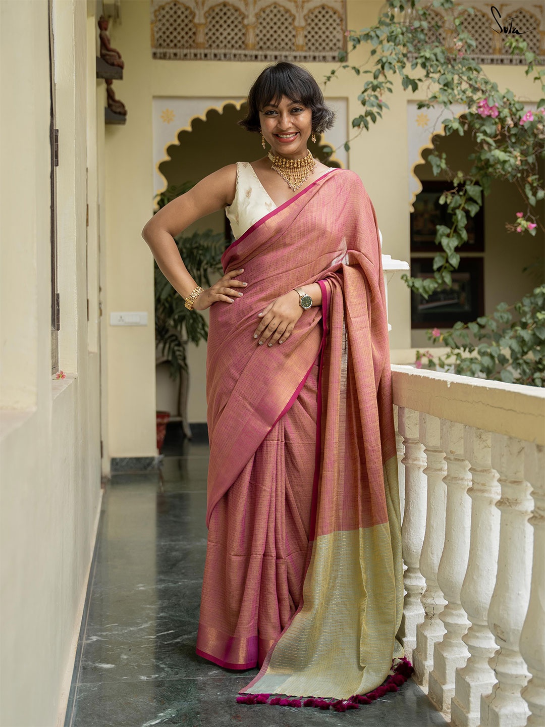 

Suta Pink Slub Saree