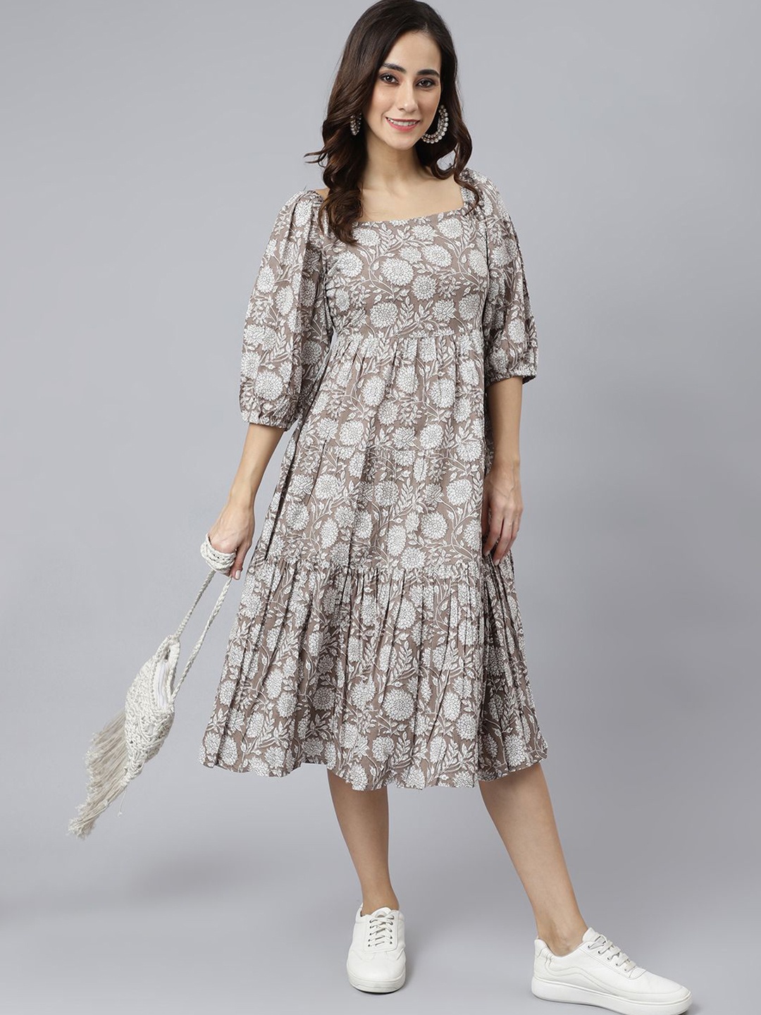 

Janasya Floral Print Puff Sleeve Pure Cotton Fit & Flare Dress, Grey