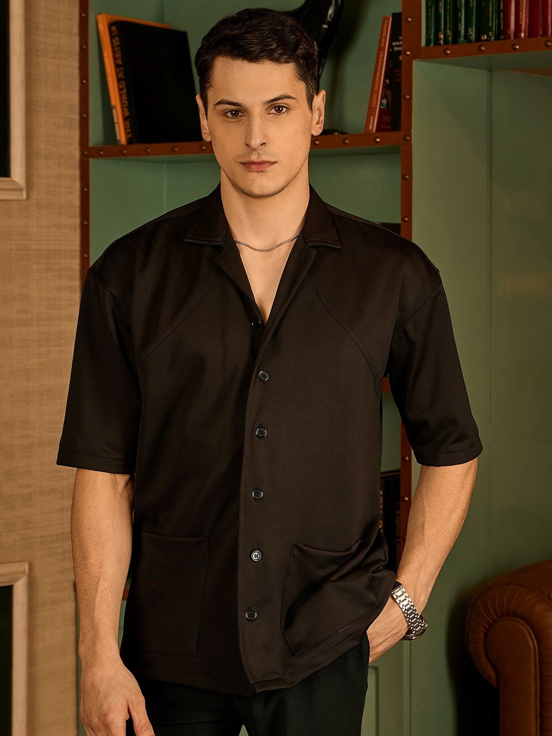

DENNISON Men Resort Wear Drop Shoulder Oversized Casual Shirt, Black