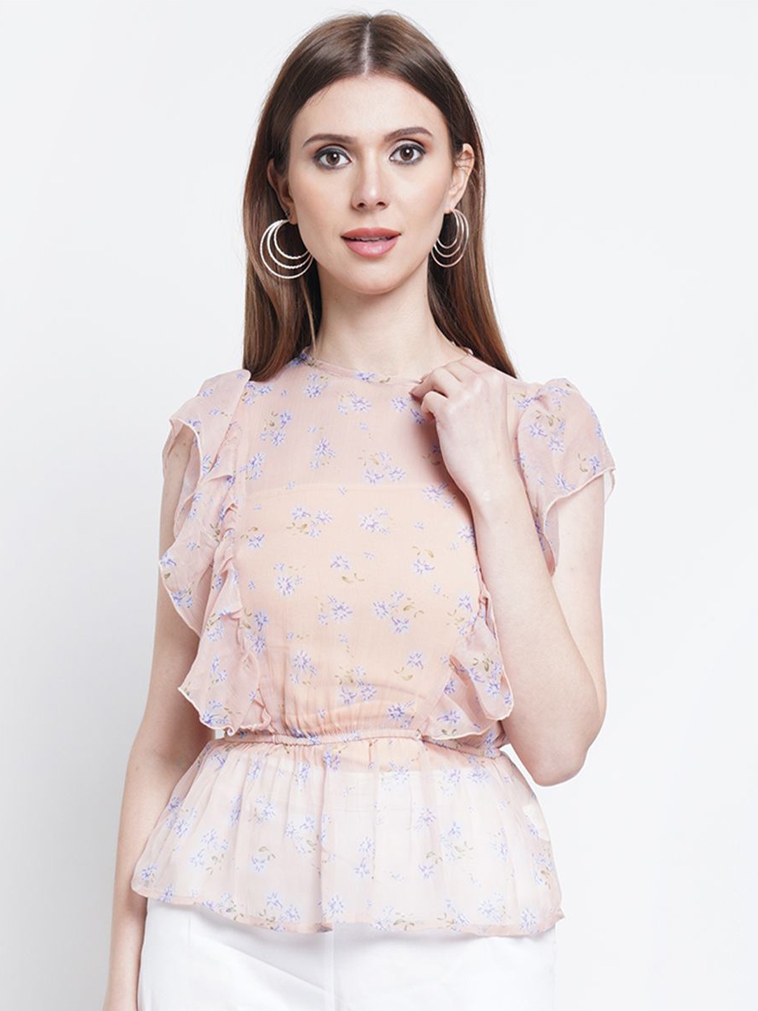 

Moda Rapido Floral Print Flutter Sleeve Crop Top, Peach