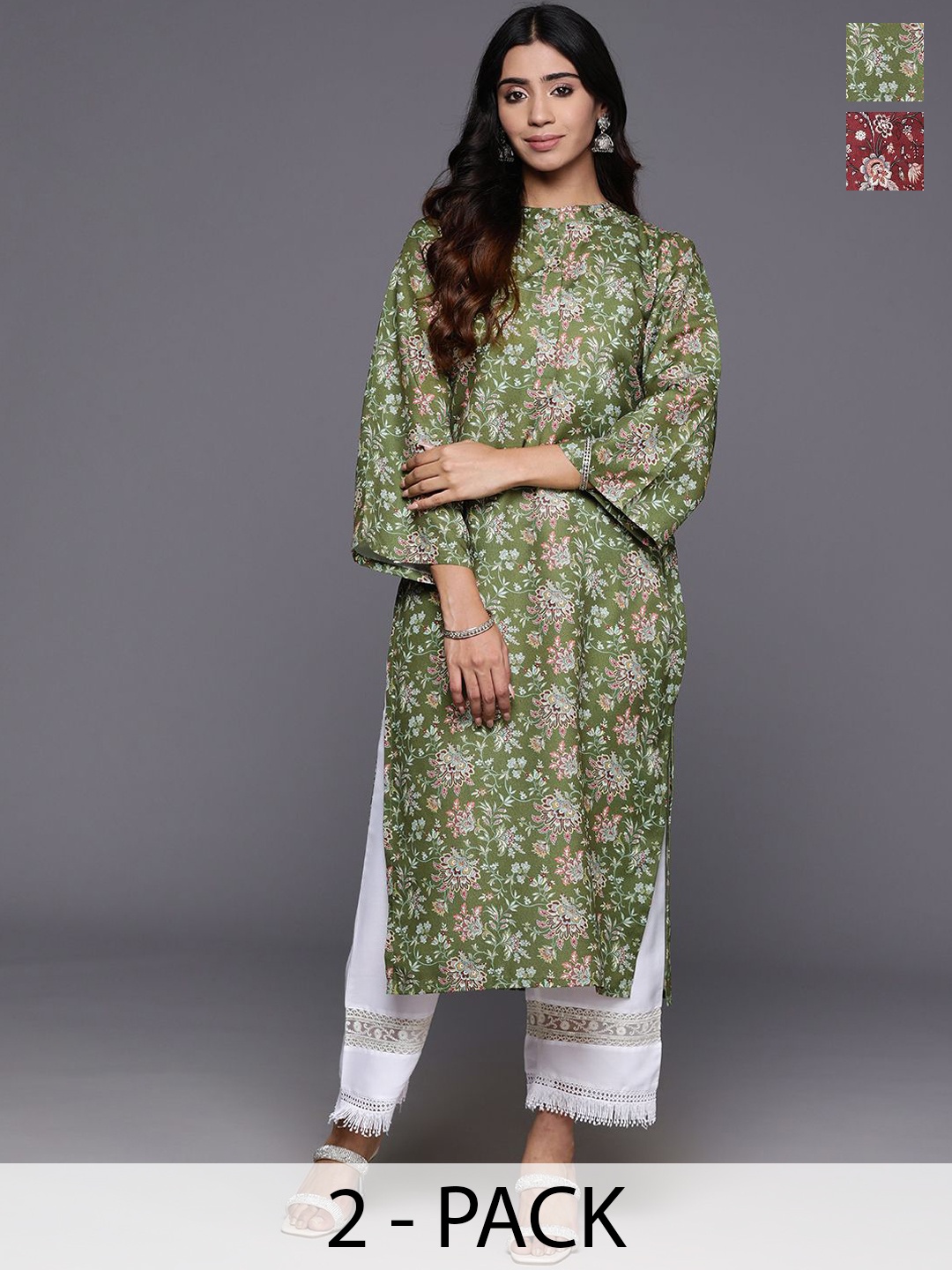 

Varanga Selection Of 2 Floral Printed Flared Sleeves Mandarin Collar Straight Kurtas, Olive