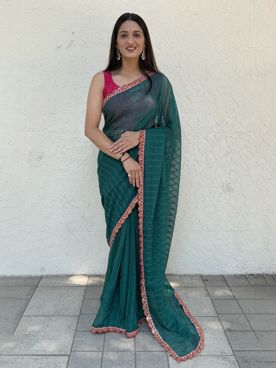 

LADY SHOPI Striped Sequinned Pure Chiffon Saree, Teal