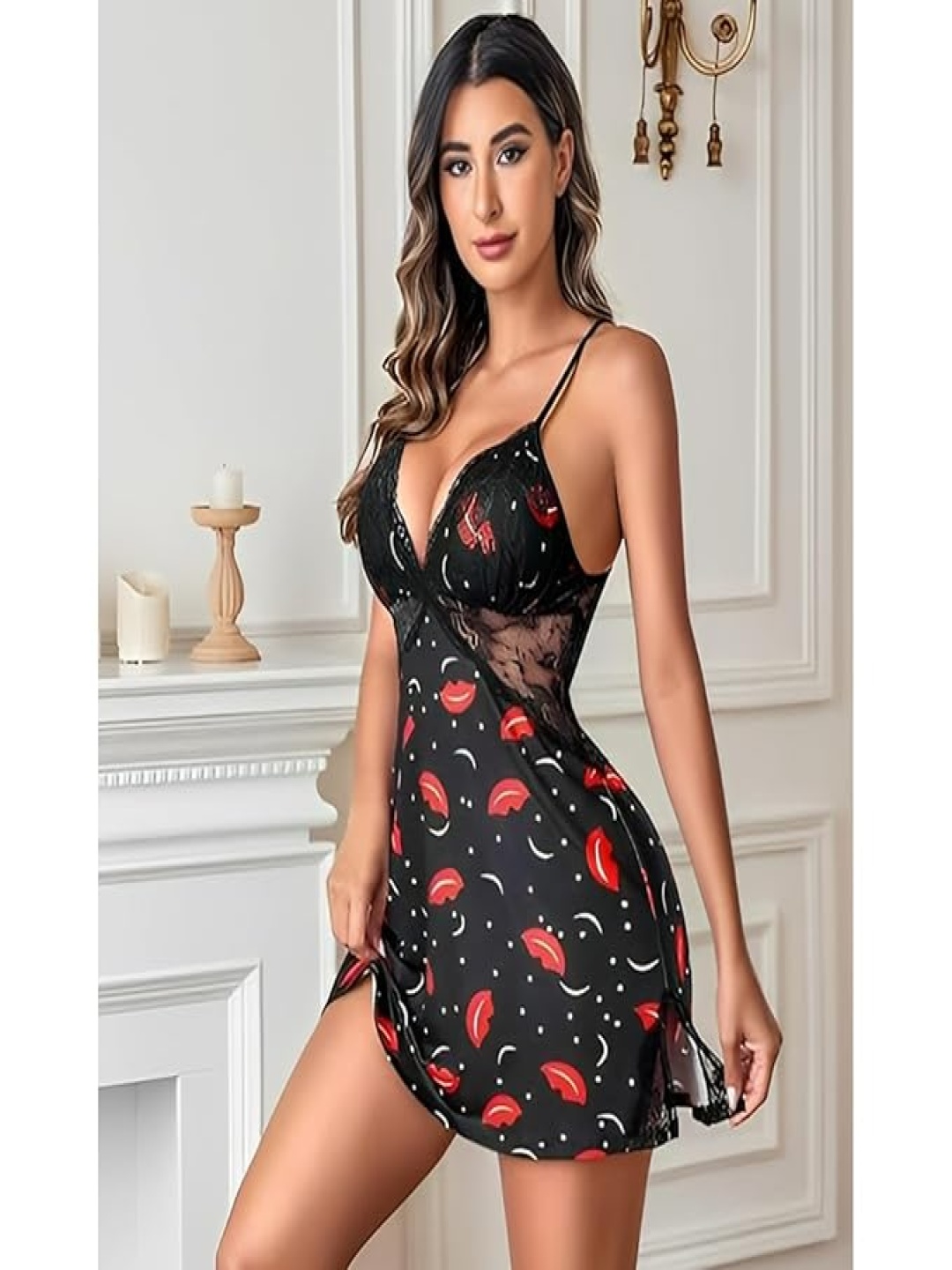 

chia fashions Modal Printed Baby Doll, Black