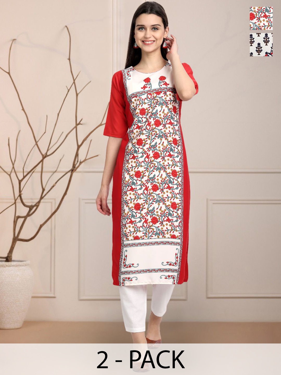

Moda Rapido White & Red Selection Of 2 Floral Printed Round Neck Straight Kurtas
