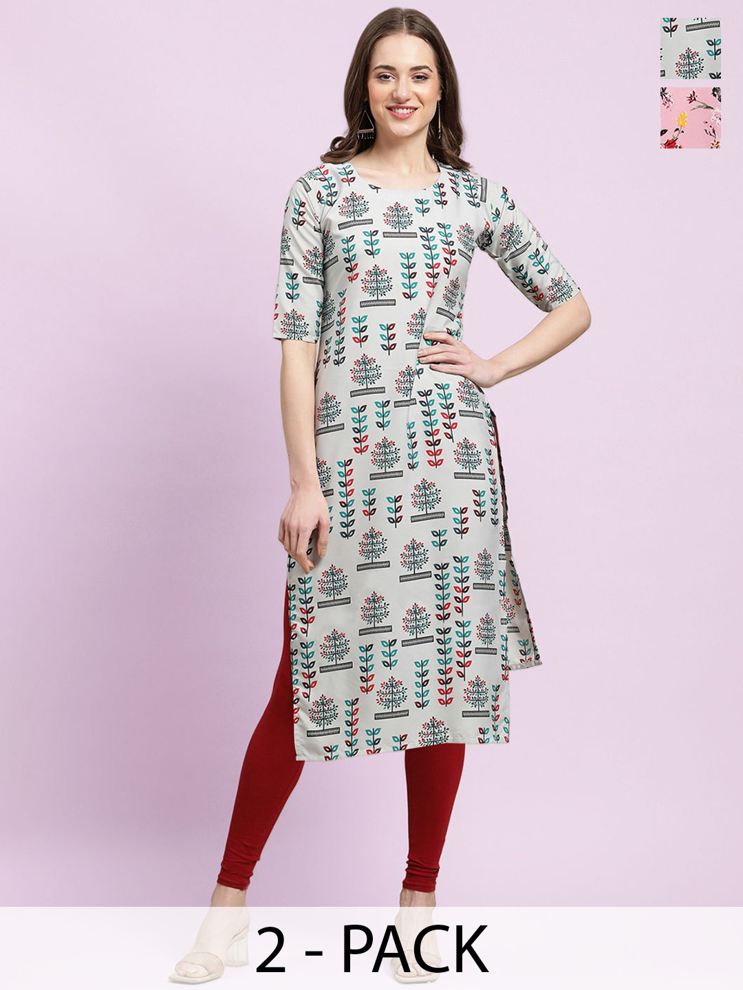 

Moda Rapido Grey & Pink Selection Of 2 Ethnic Motifs Printed Straight Kurtas, Green