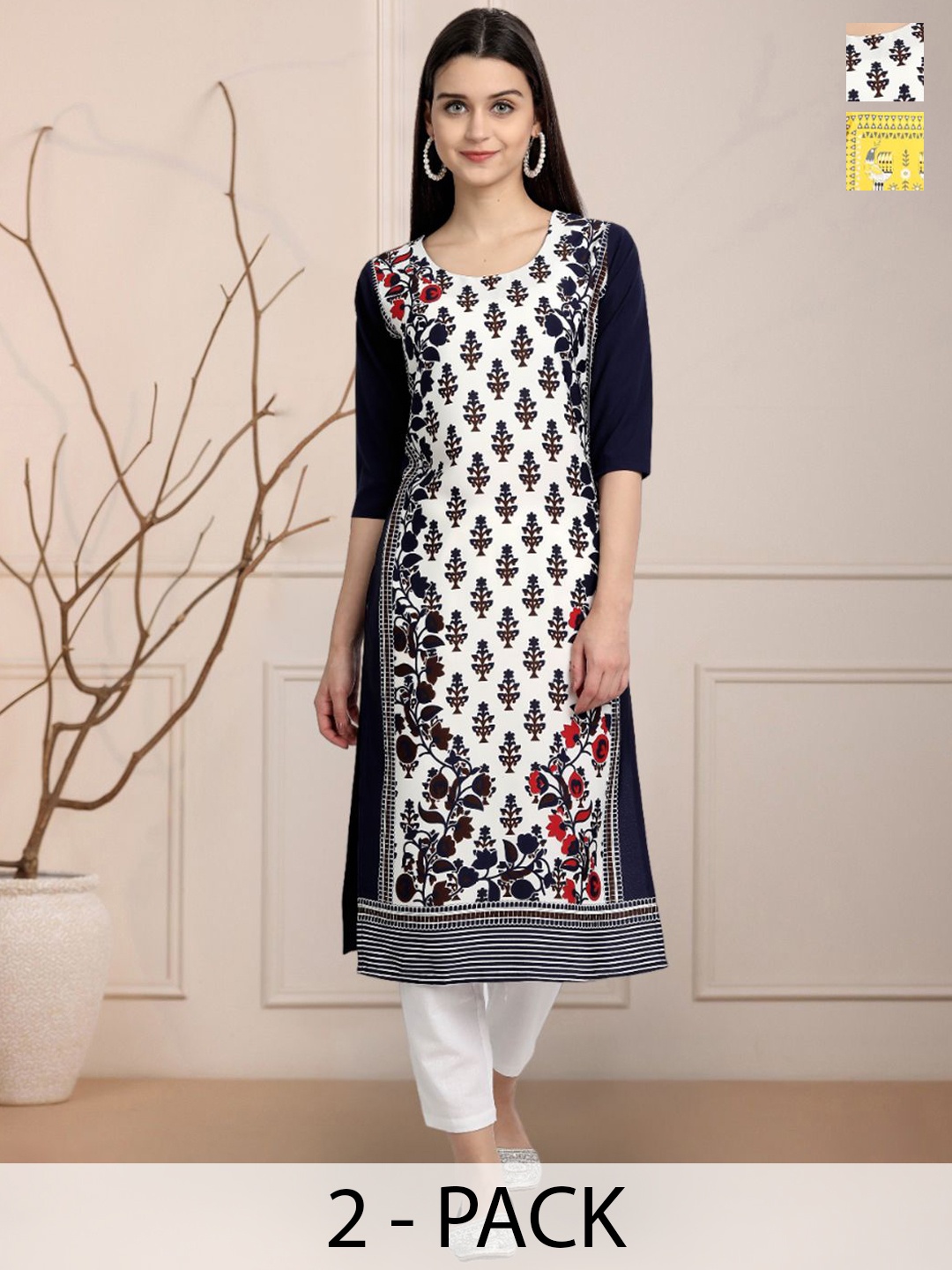 

Moda Rapido Black & Yellow Selection Of 2 Floral Printed Straight Kurtas