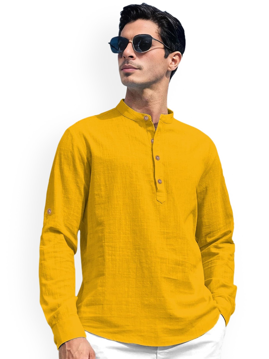 

Vida Loca Cotton Band Collar Slim Fit Short Kurta, Yellow