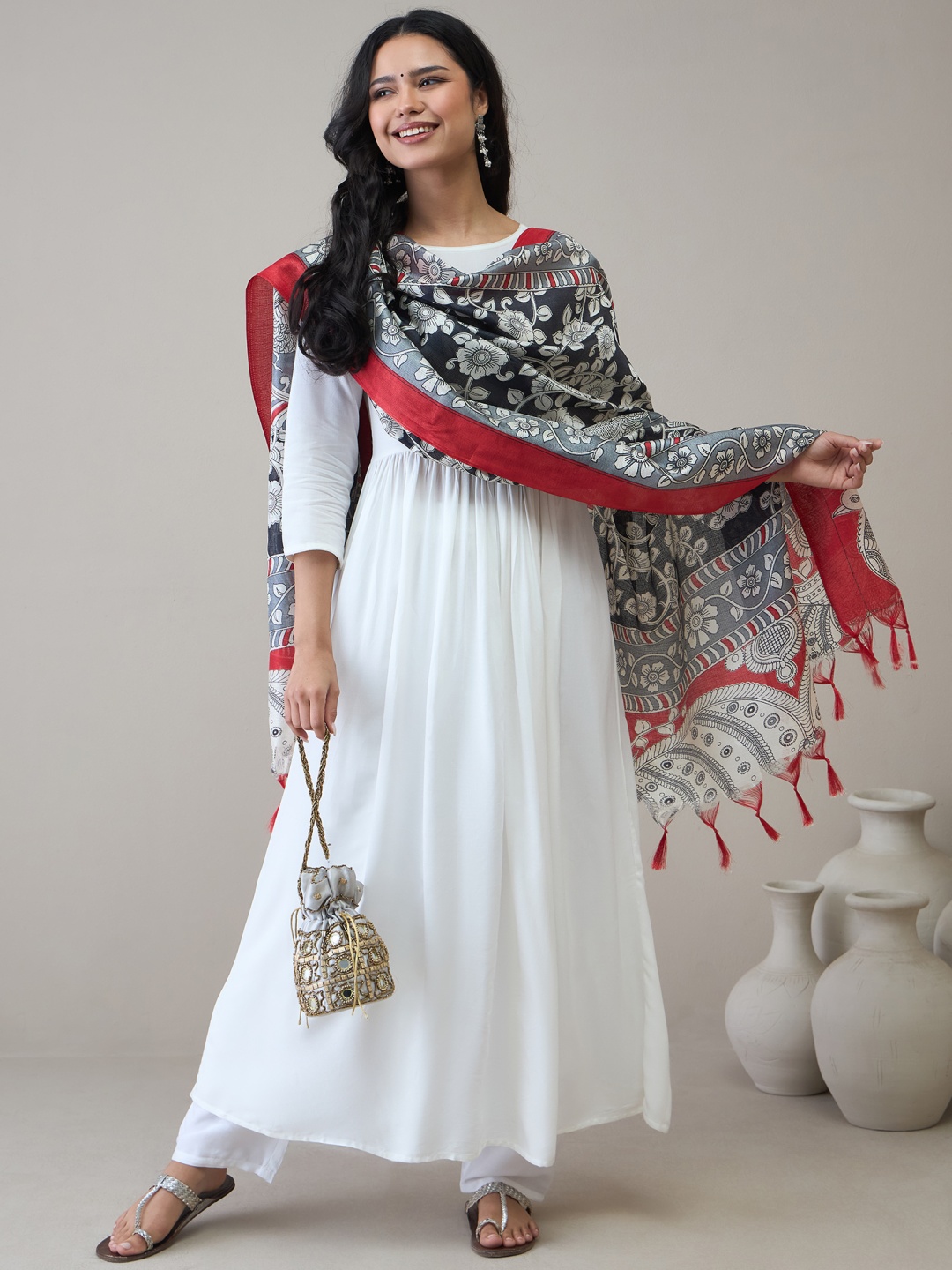 

InWeave Women Pleated Kurta with Trousers & With Dupatta, White