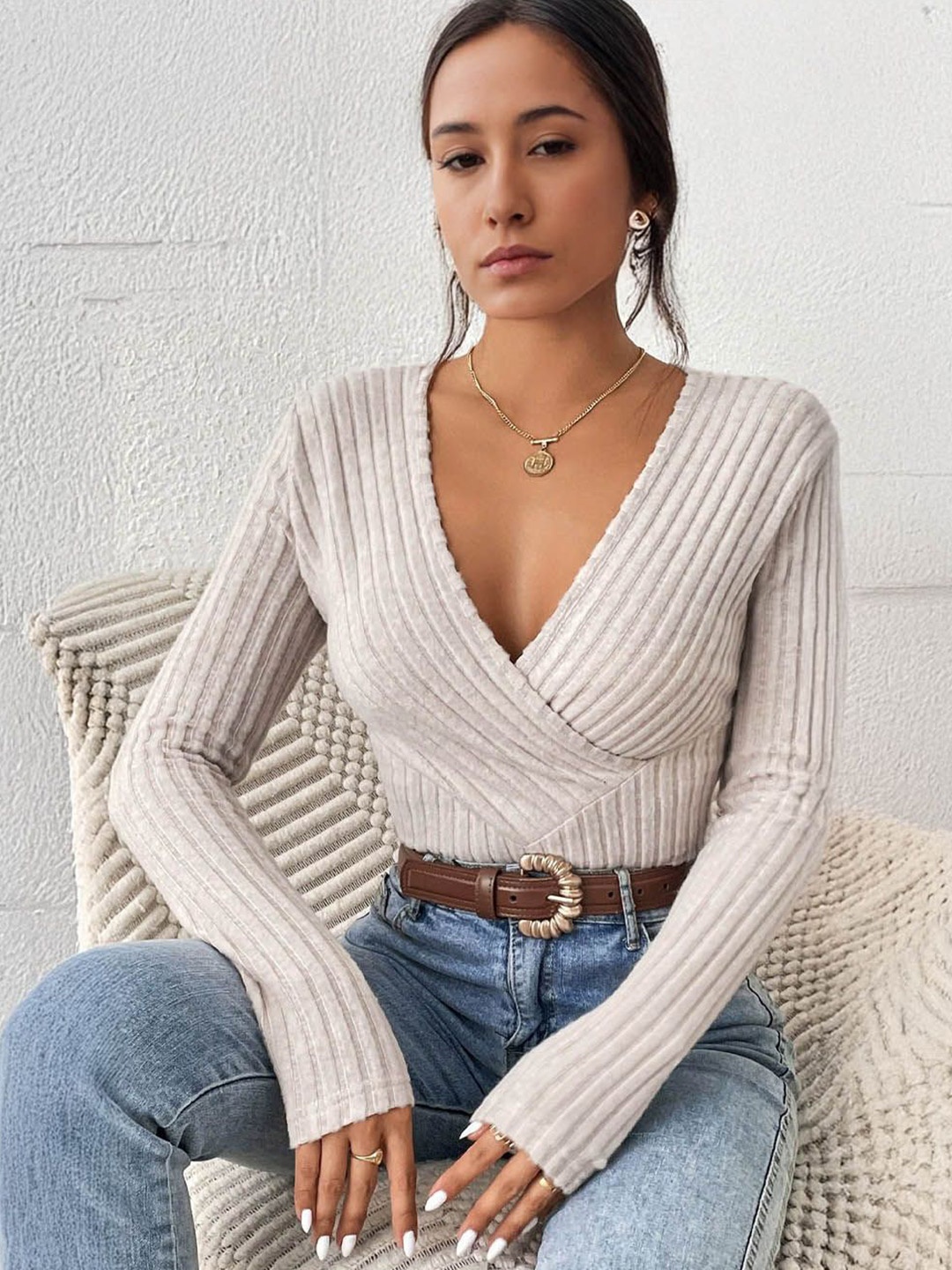 

StyleCast V-Neck Ribbed Acrylic Top, Beige