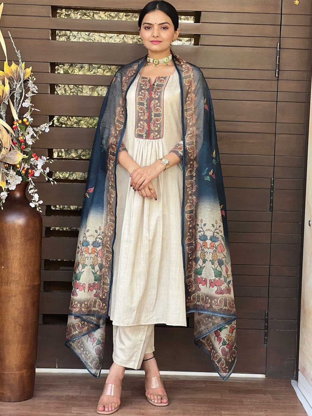 

Moda Rapido Women Embroidered Regular Kurta with Trousers & With Dupatta, Beige