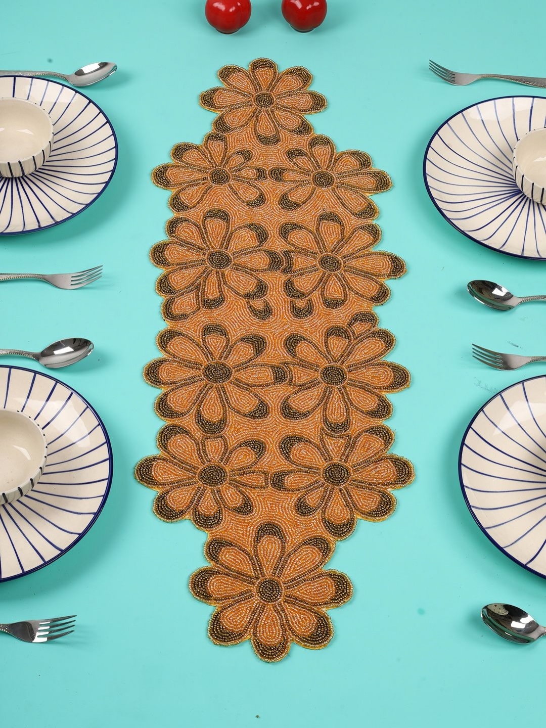 

YWULY Orange-Colored & Black Floral Beaded Dining Table Runner