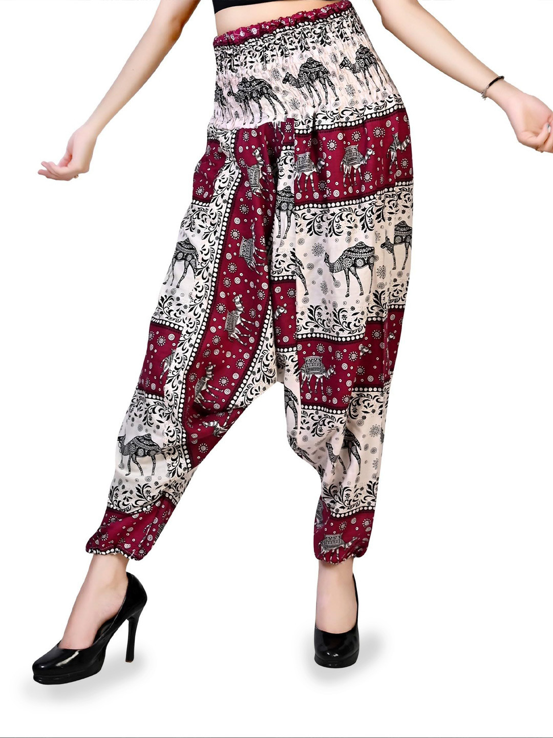 

NarNari Women Printed Harem Pants, Red