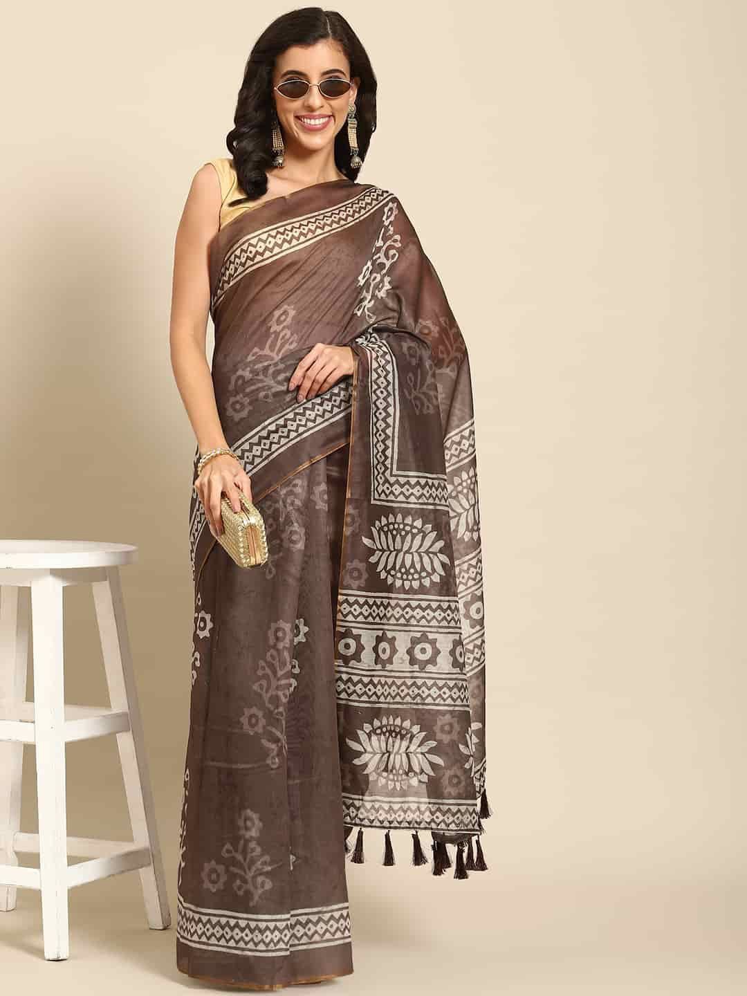 

DIVASTRI Digital Printed Kalamkari Chanderi Cotton Saree With Tassels, Brown