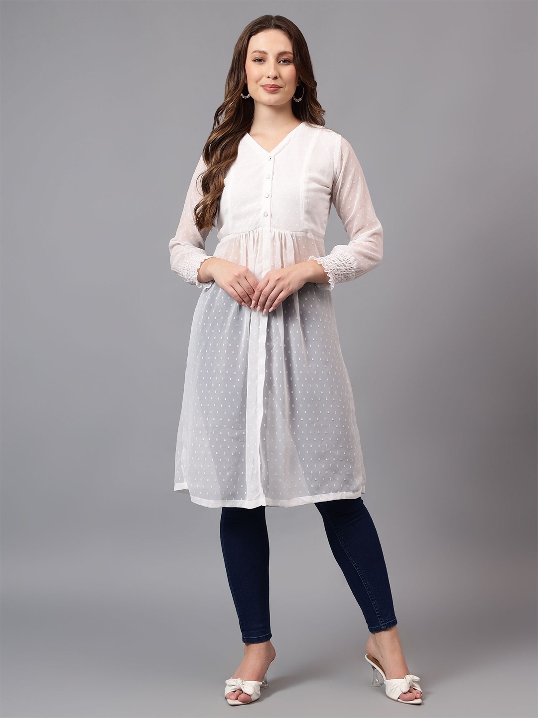 

BAESD Women V-Neck Cuffed Sleeves Longline Top, White