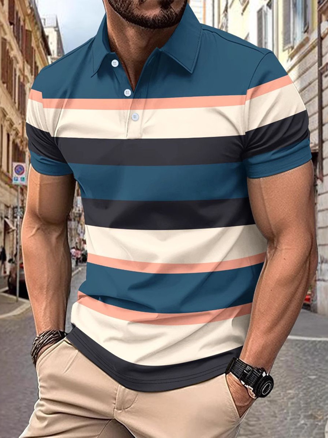 

StyleCast x Revolte Men Striped Polo Collar Raw Edge T-shirt, Grey