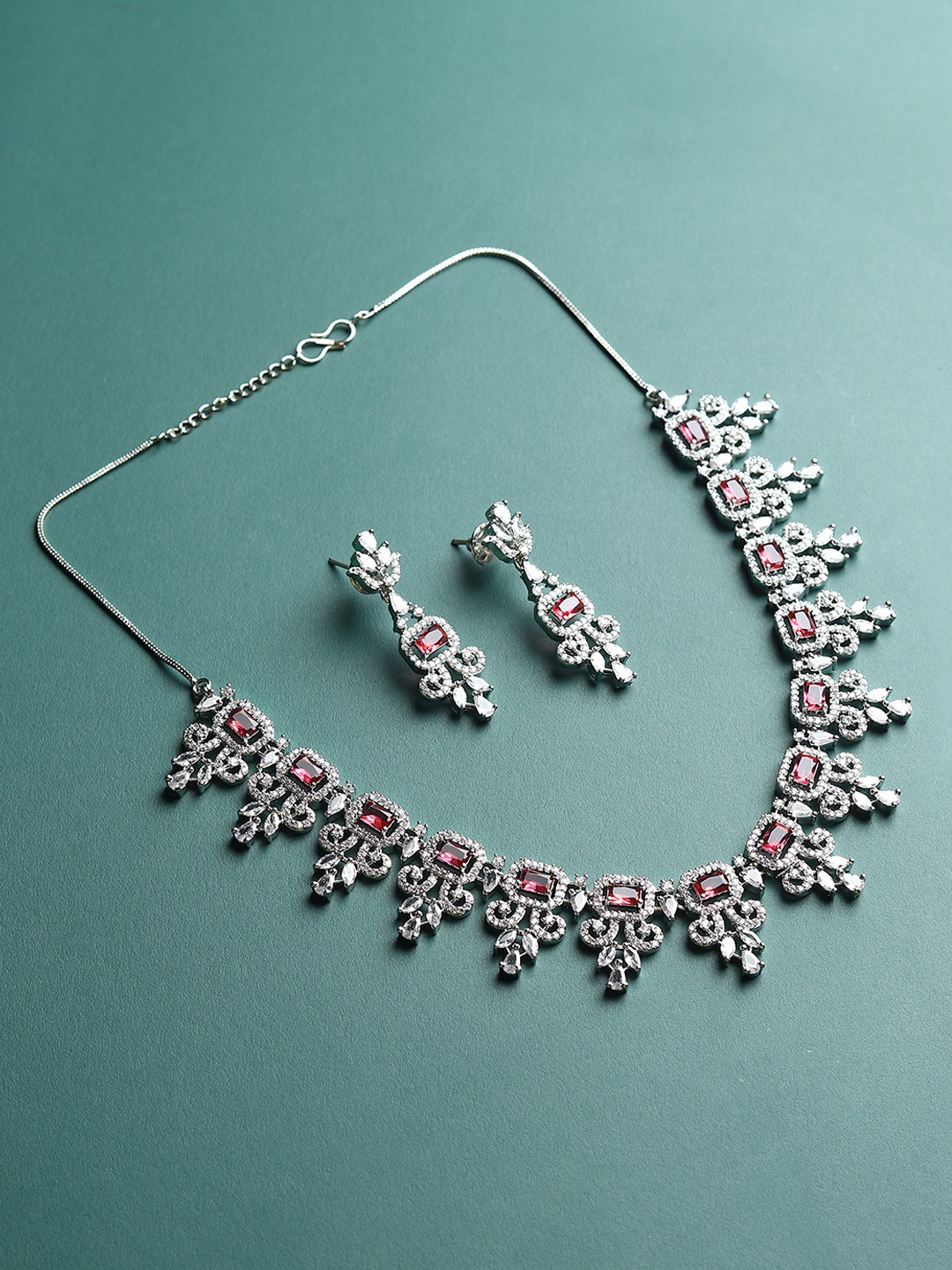 

RHOSYN Rhodium-Plated Cubic Zirconia & American Diamond Studded Jewellery Set, Silver