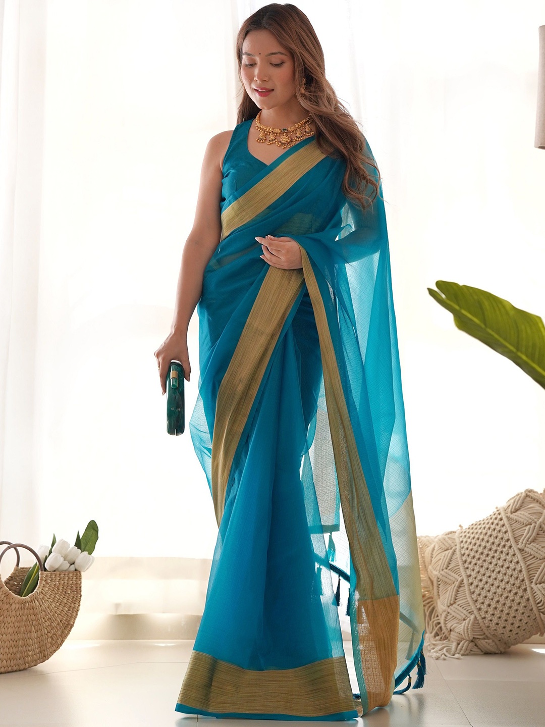 

J.KANJI Zari Organza Khadi Saree, Teal