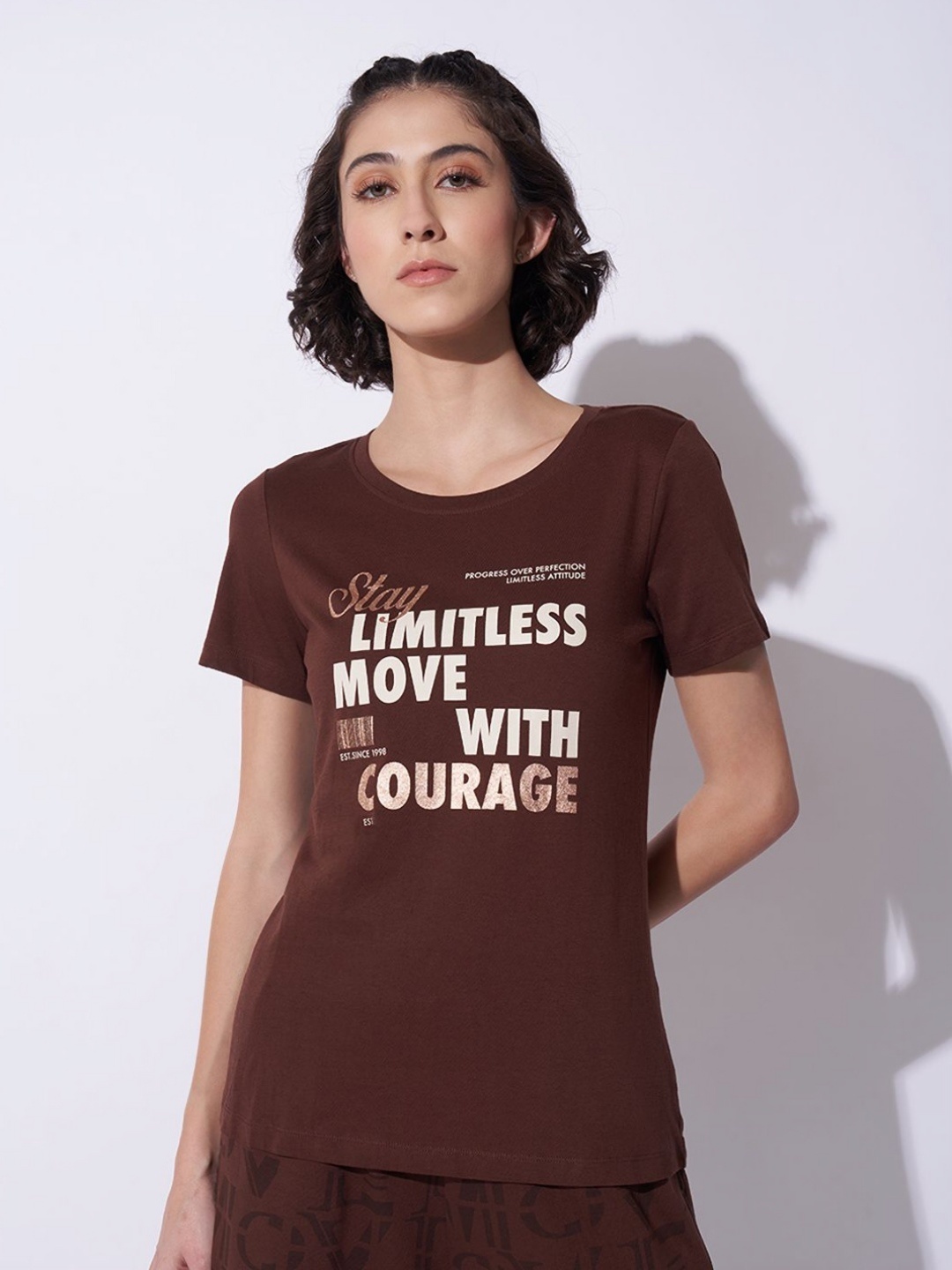 

Ajile by Pantaloons Women Typography Printed Round Neck Cotton T-shirt, Brown
