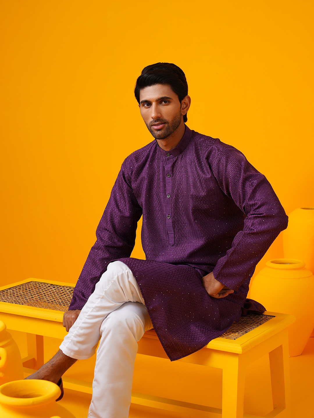

SOJANYA Men Embroidered Regular Thread Work Kurta with Pyjamas, Violet
