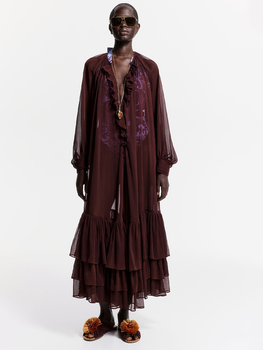 

H&M Balloon-Sleeved Chiffon Dress, Maroon