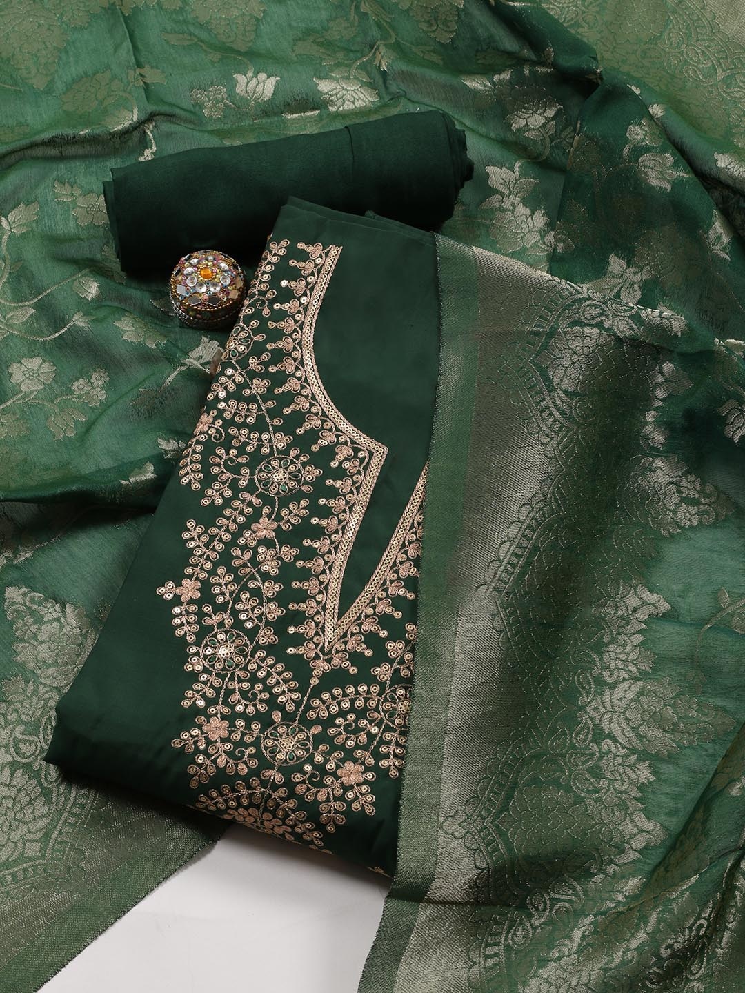 

Meena Bazaar Embroidered Art Silk Unstitched Dress Material, Green