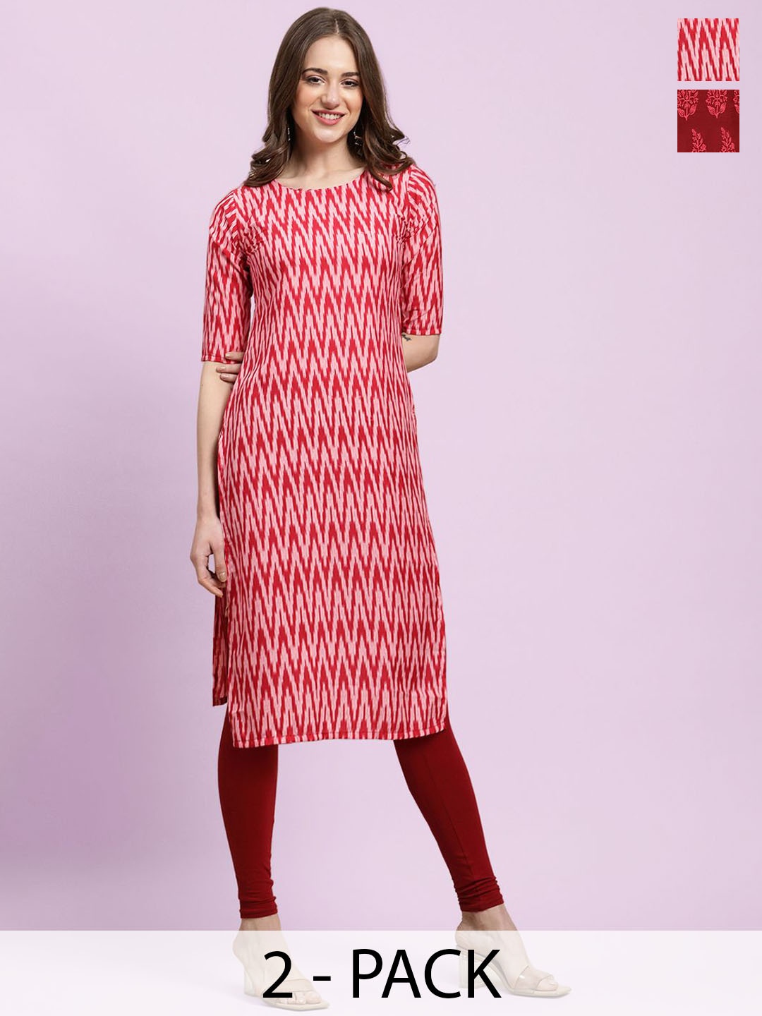 

Moda Rapido Red & Maroon Geometric of 2 Floral Printed Straight Kurtas