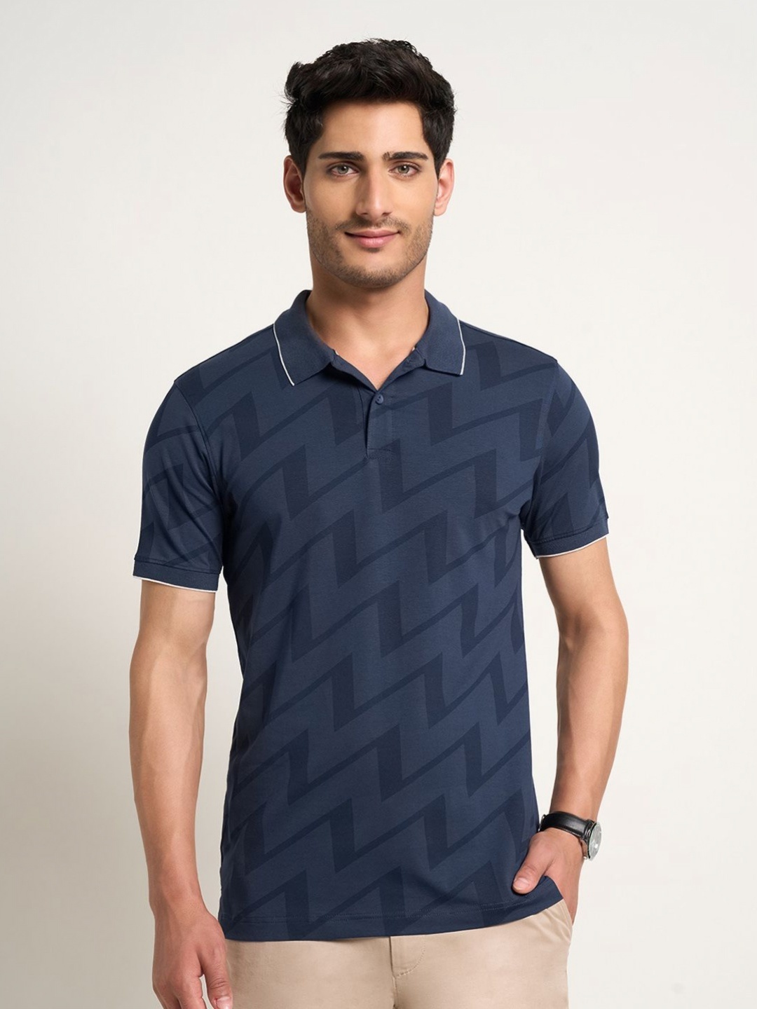 

Peregrine by Pantaloons Men Geometric Printed Polo Collar Cotton Slim Fit T-shirt, Navy blue