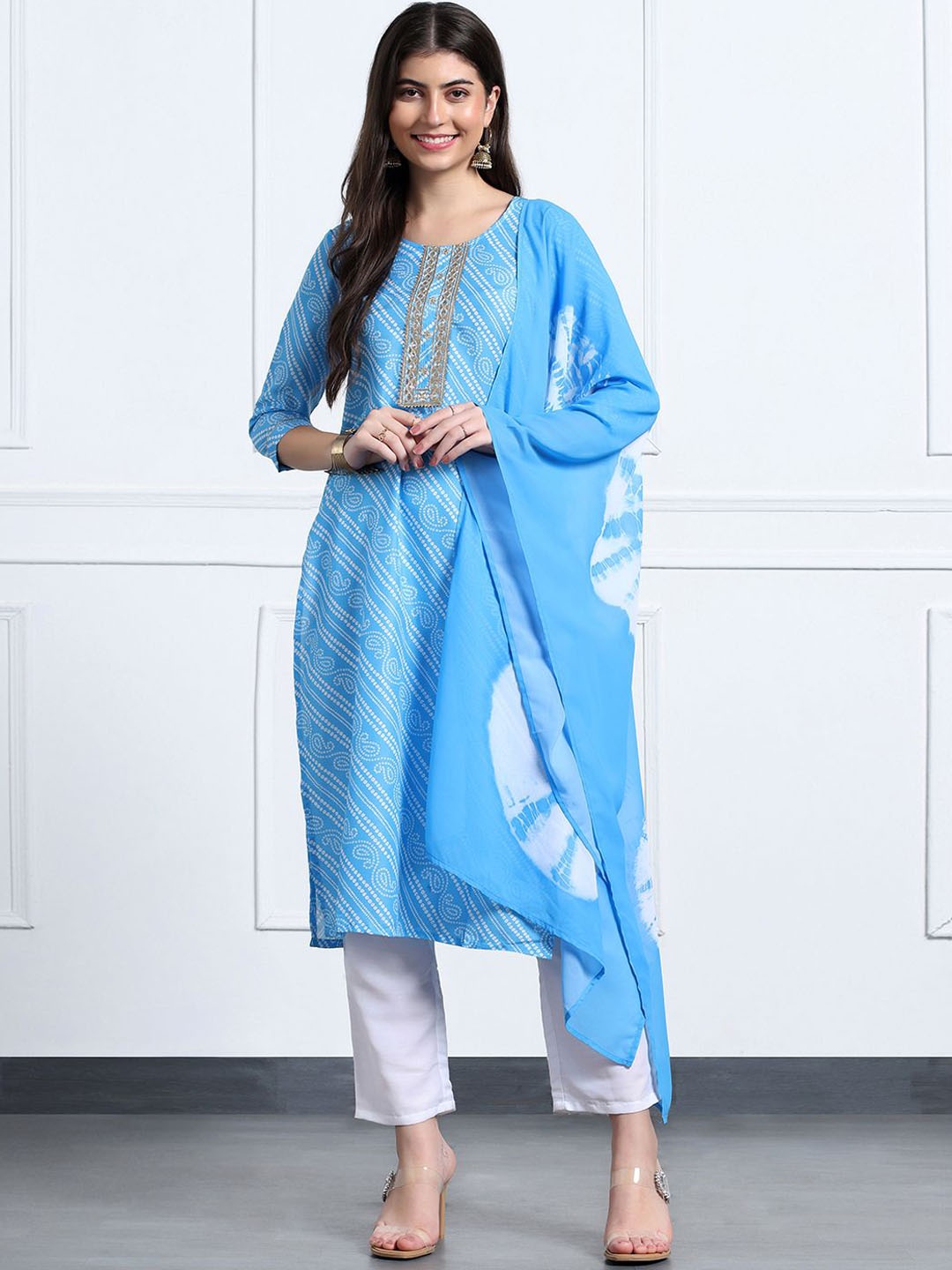 

Moda Rapido Blue Bandhani Printed Gotta Patti Straight Kurta With Trousers And Dupatta