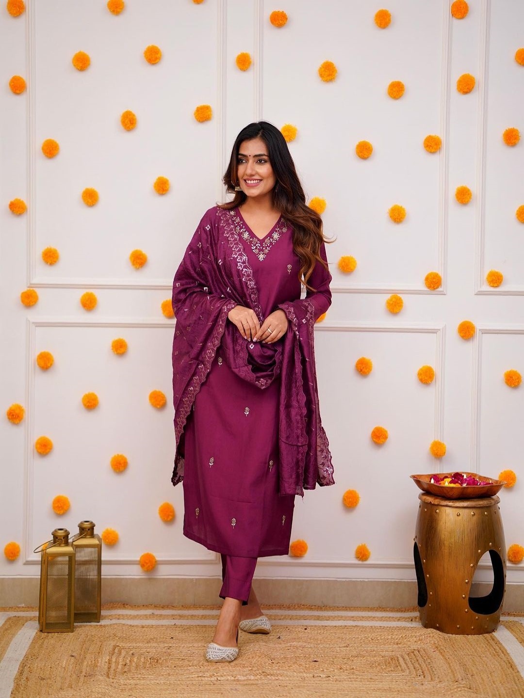 

Moda Rapido Embroidered Gotta Patti Work Chanderi Silk Kurta With Trousers & Dupatta, Purple