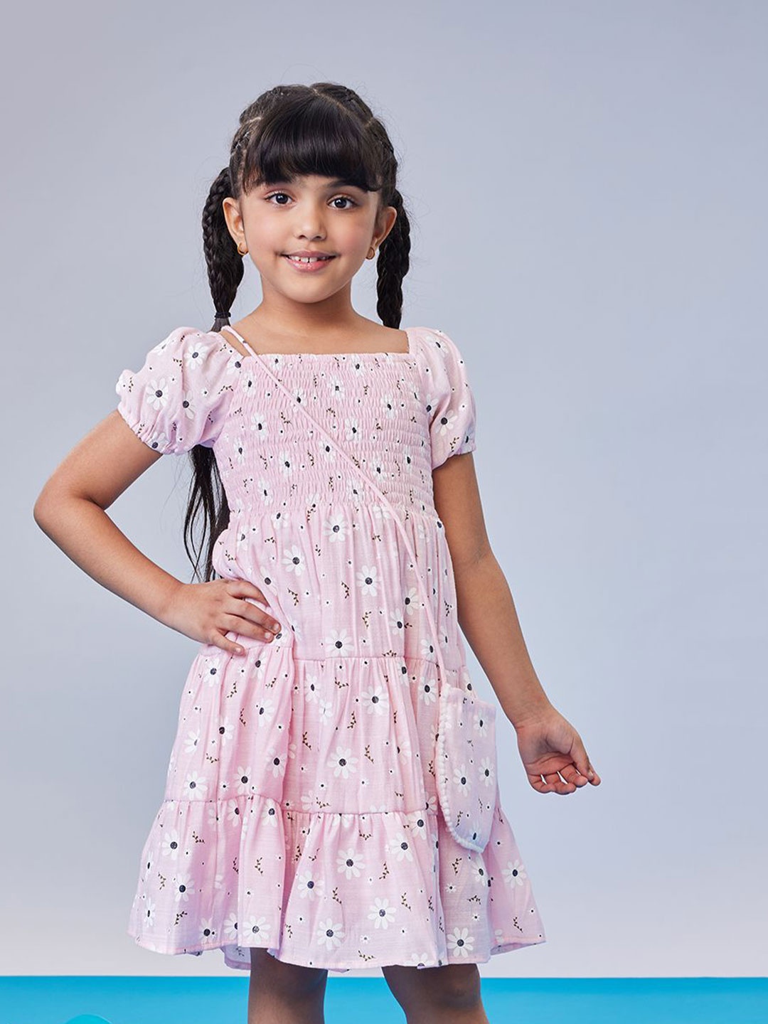 

MASTARANG Puff Sleeves Smocked Dress & Matching Sling Bag, Pink