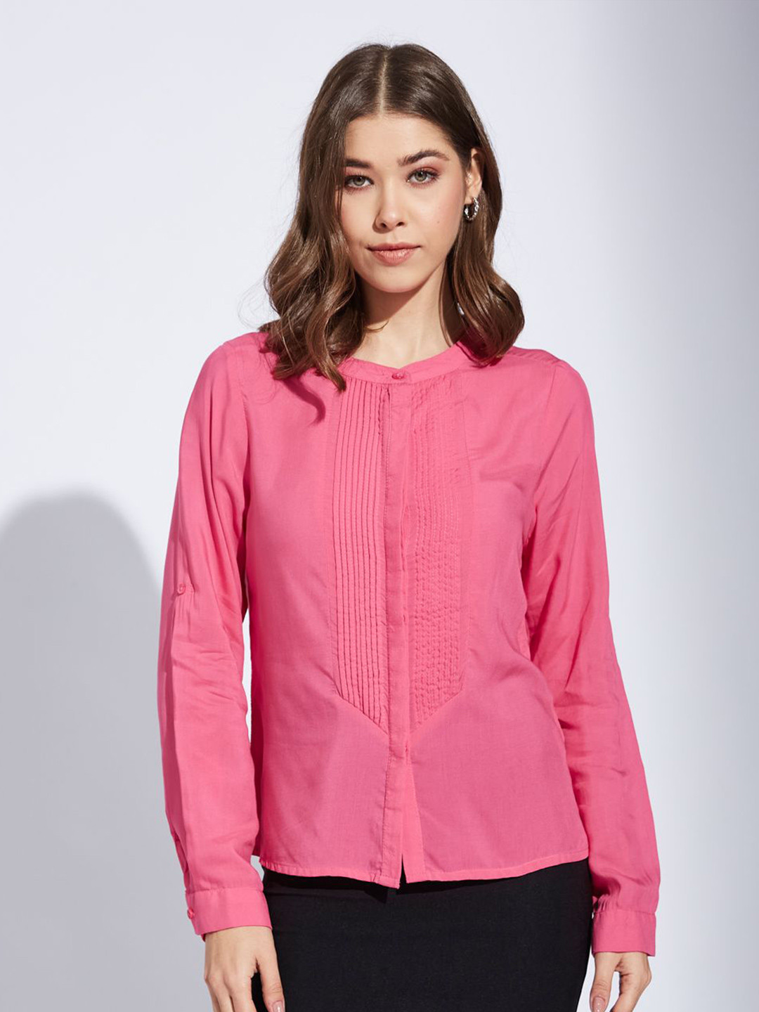 

Latin Quarters Mandarin Collar Shirt Style Top, Pink