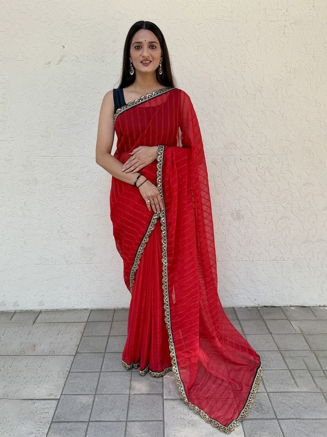 

JULEE Striped Sequinned Pure Chiffon Saree, Red
