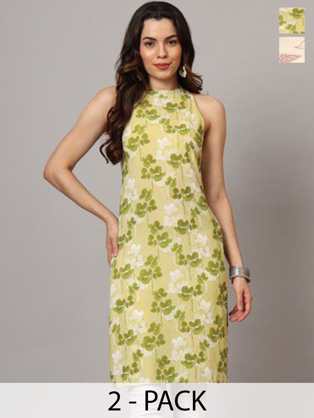 

Anouk Rustic Selection Of 2 Floral Printed Cotton Halter Neck Straight Kurtas, Green