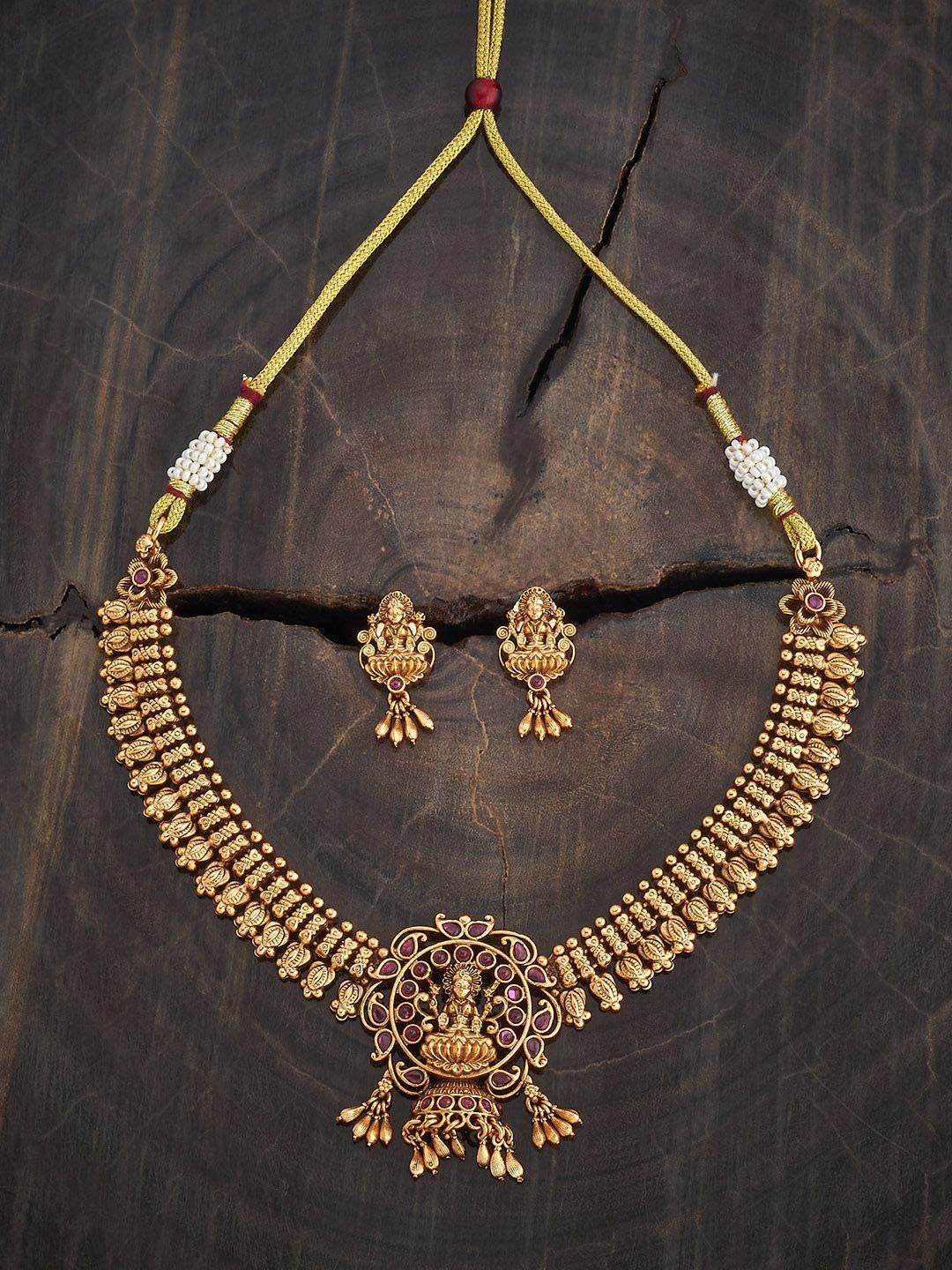 

Kushal's Fashion Jewellery Copper Ruby-Green Gold-Plated Antique Necklace