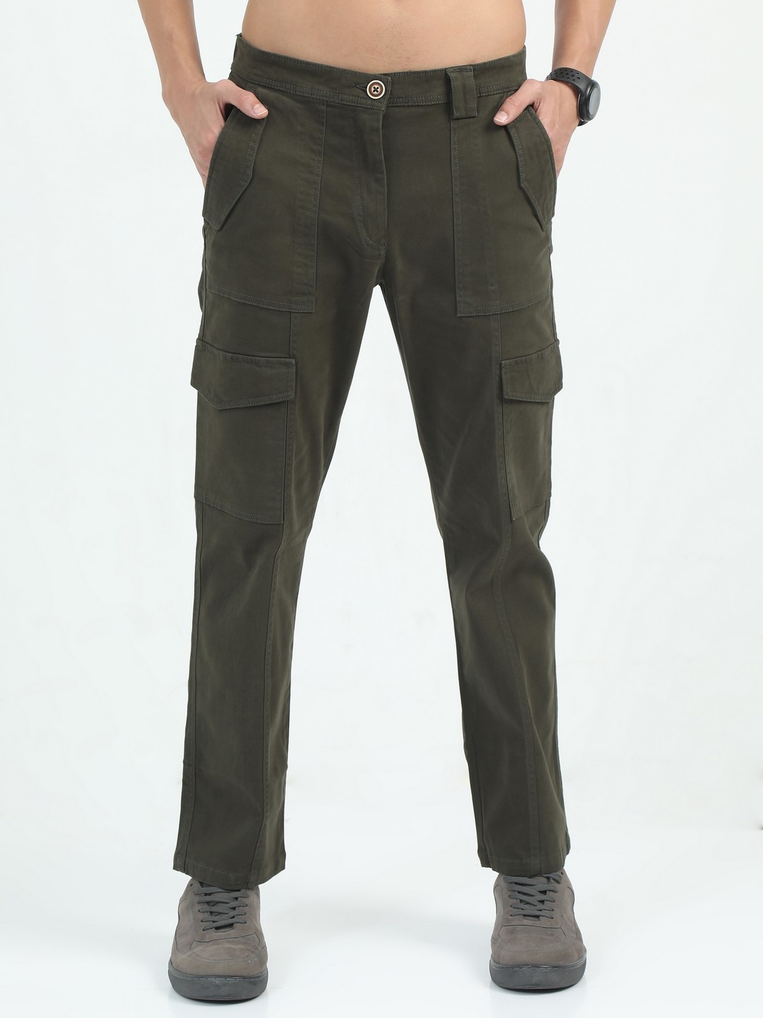 

NEVER NEUD Men Relaxed Straight Fit Bolsillo Cargos Trousers, Olive