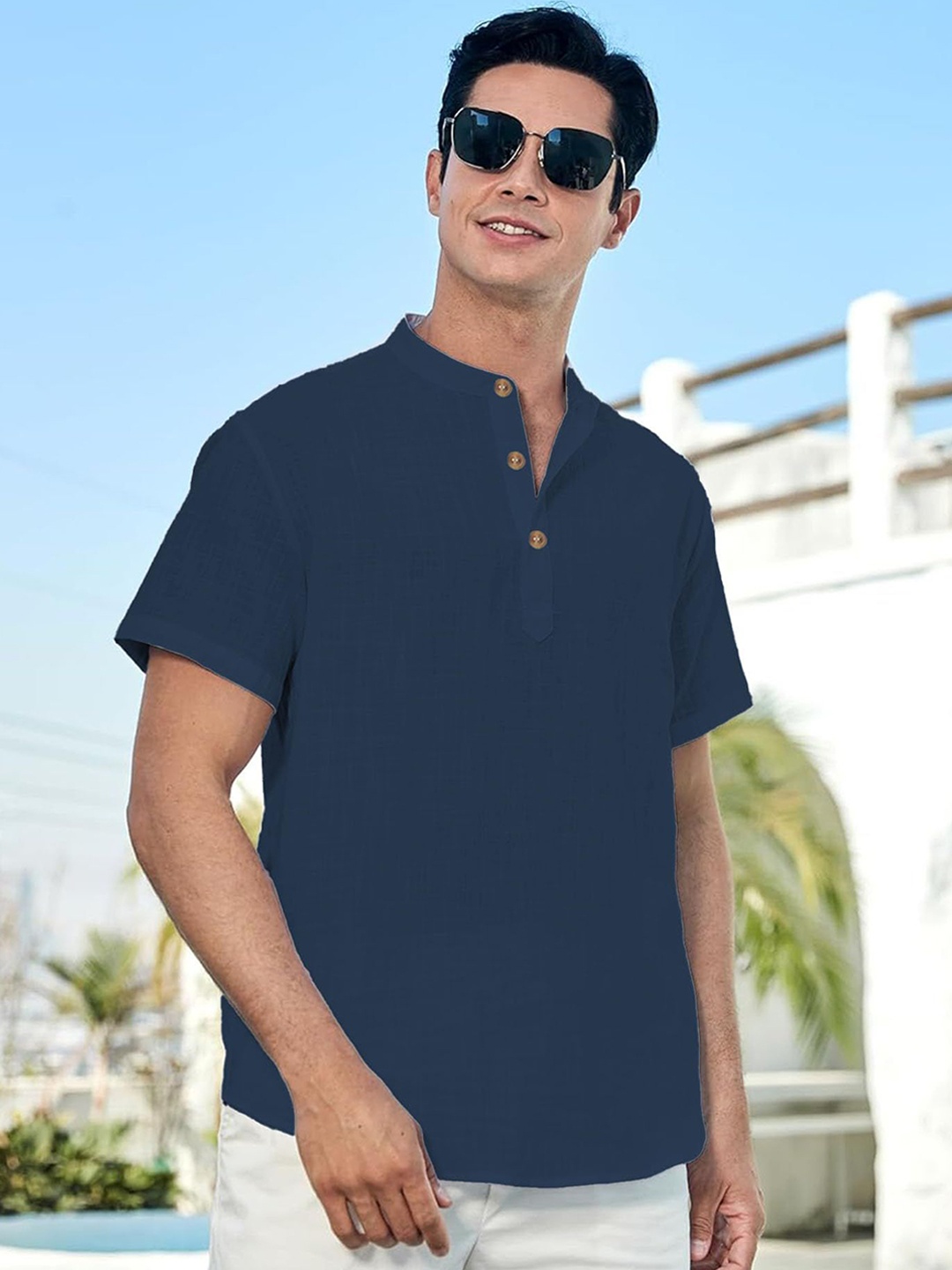 

Vida Loca Band Collar Cotton Straight Kurta, Navy blue