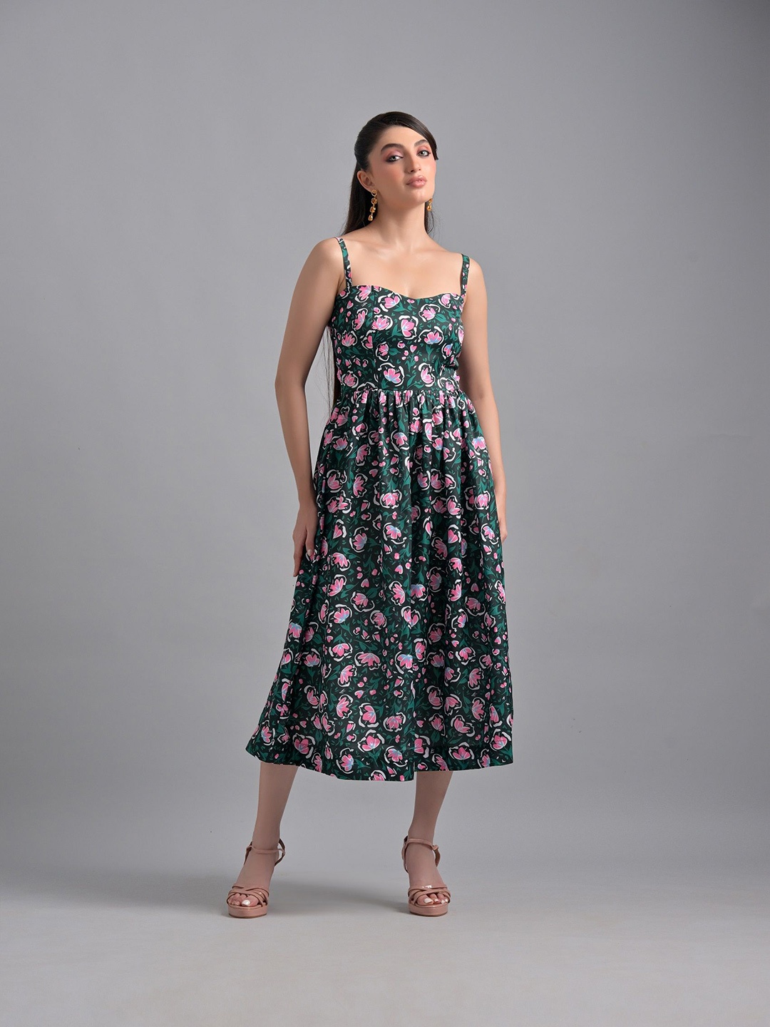 

GARDEN PARTY Floral Print Ruffled Cotton Fit & Flare Midi Dress, Green