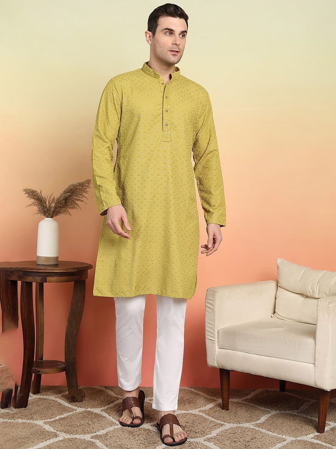 

SWAGG INDIA Men Kurta, Lime green