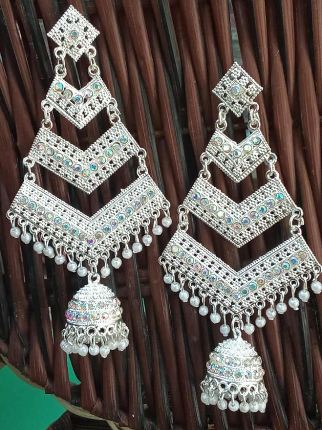 

JMBW INTERNATIONAL Silver-Plated Artificial Beads Beaded Jhumki Earrings